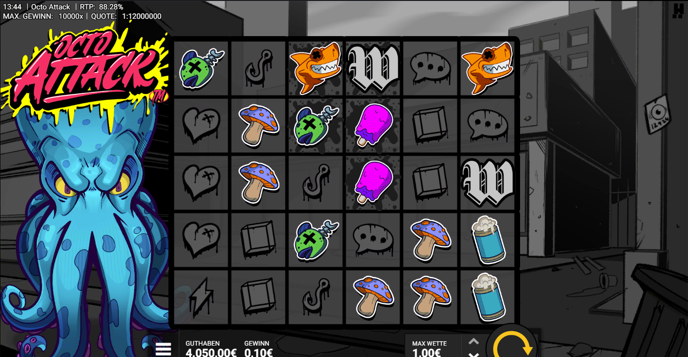 Octo-Attack-Slot mit Spray‑Wild, Hai, Pilz, Spraydose, Herz und Graffiti‑Symbolen.