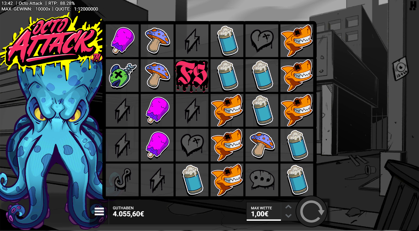Octo-Attack-Slot mit FS‑Symbol, Hai, Pilz, Spraydose, Eis und Graffiti‑Icons.