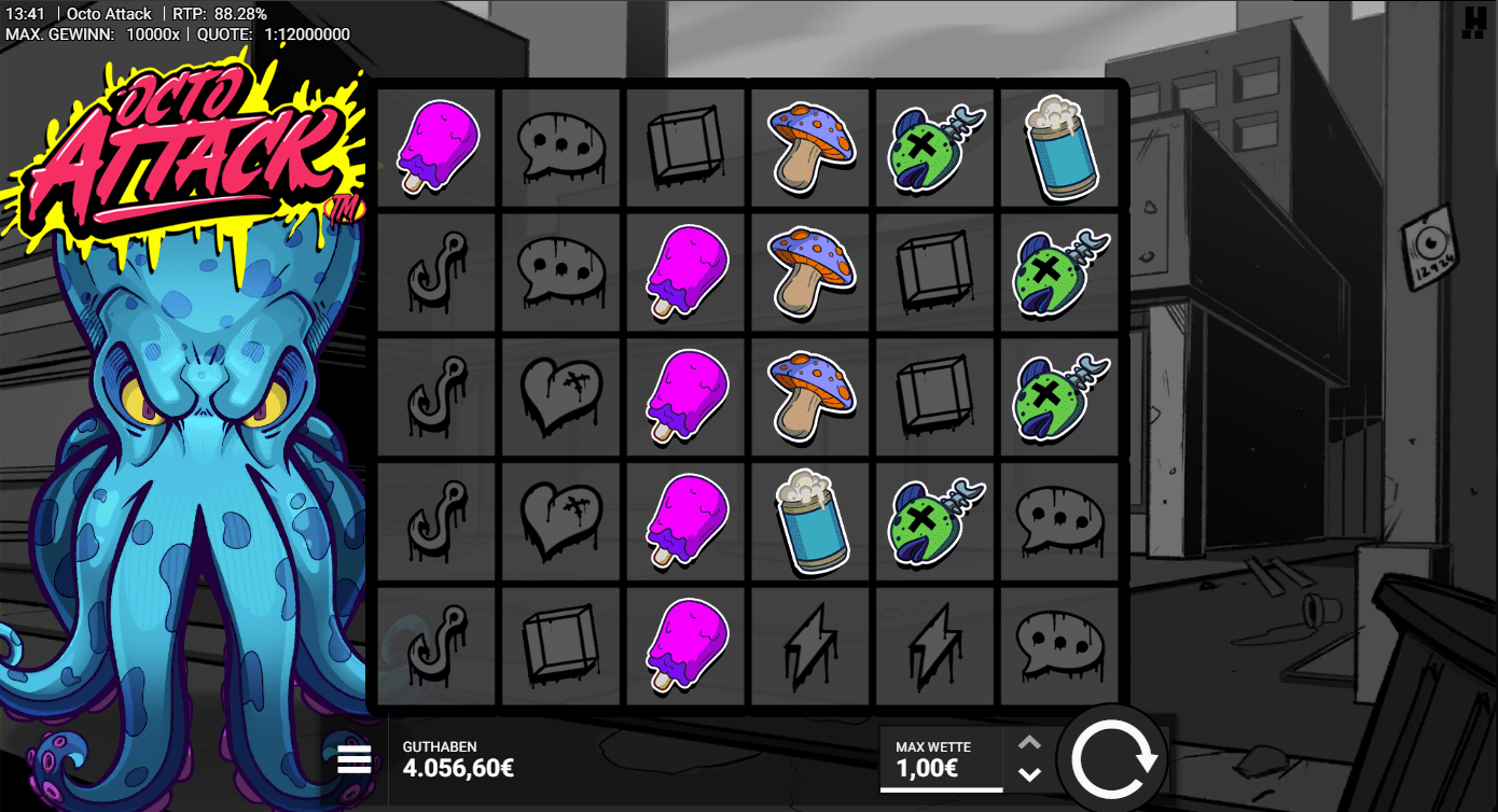 Octo-Attack-Slot mit Oktopus, Eis, Pilz, Flasche, Graffiti‑Symbolen und schwarzem Grid.