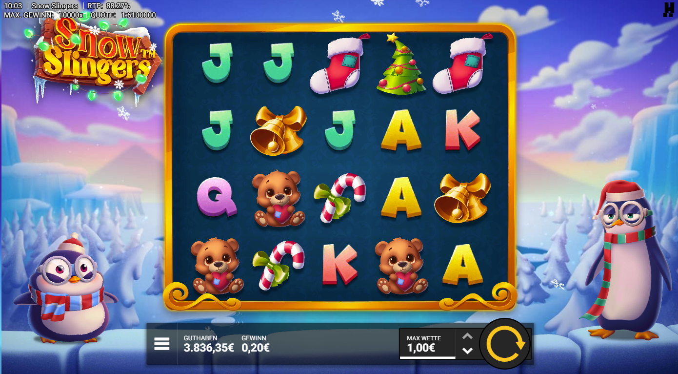 Snow-Slingers-Slot mit Glocken, Teddyb&auml;ren, Zuckerstangen, Socke und A‑K‑Q‑J‑10.