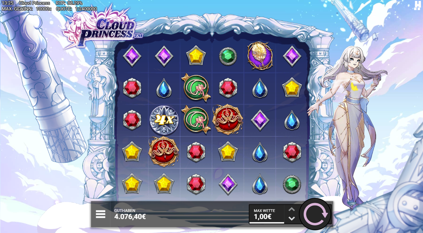Cloud-Princess-Slot mit x4‑Multiplikator, Edelsteinen, Teetassen und Schmucksymbolen.