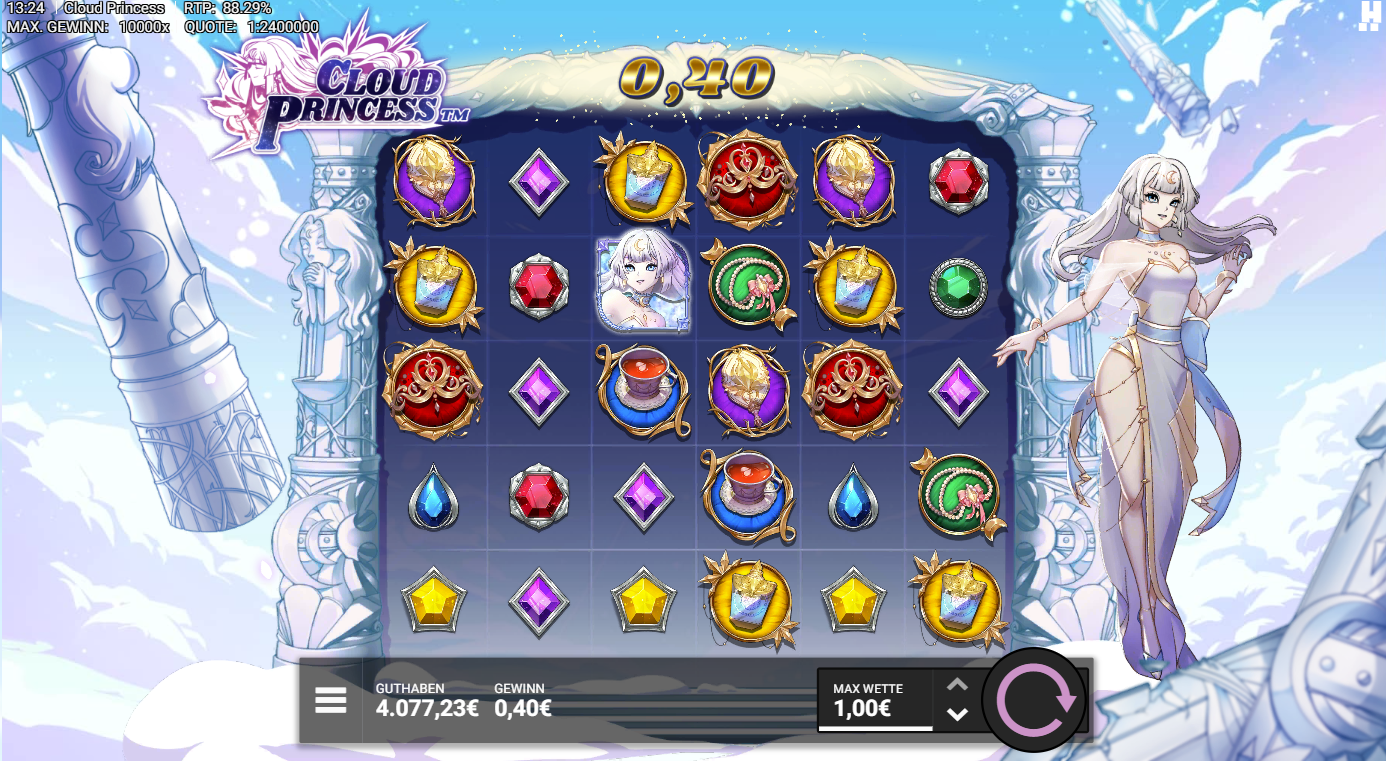 Cloud-Princess-Slot mit Prinzessin‑Wild, Edelsteinen, Teetassen und Schmucksymbolen.