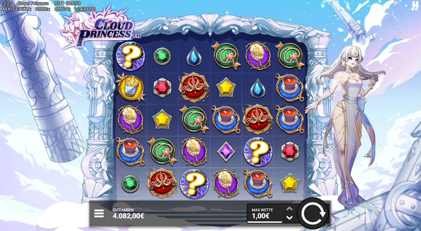 Cloud-Princess-Slot mit Edelsteinen, Teetassen, Fragezeichen‑Symbolen und Kartenwerten.