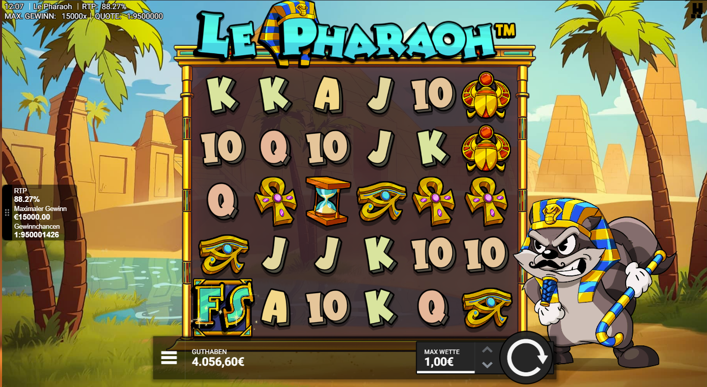 Le-Pharaoh-Slot mit FS‑Wild, Skarab&auml;us, Auge des Horus, Ankh und Kartenwerten.