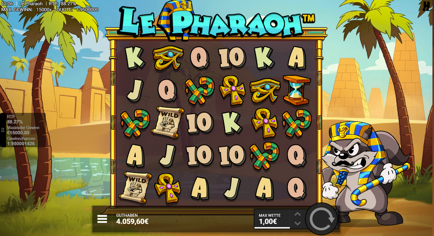 Le-Pharaoh-Slot mit WILD‑Schriftrolle, Ankh, Auge des Horus und A‑K‑Q‑J‑10.
