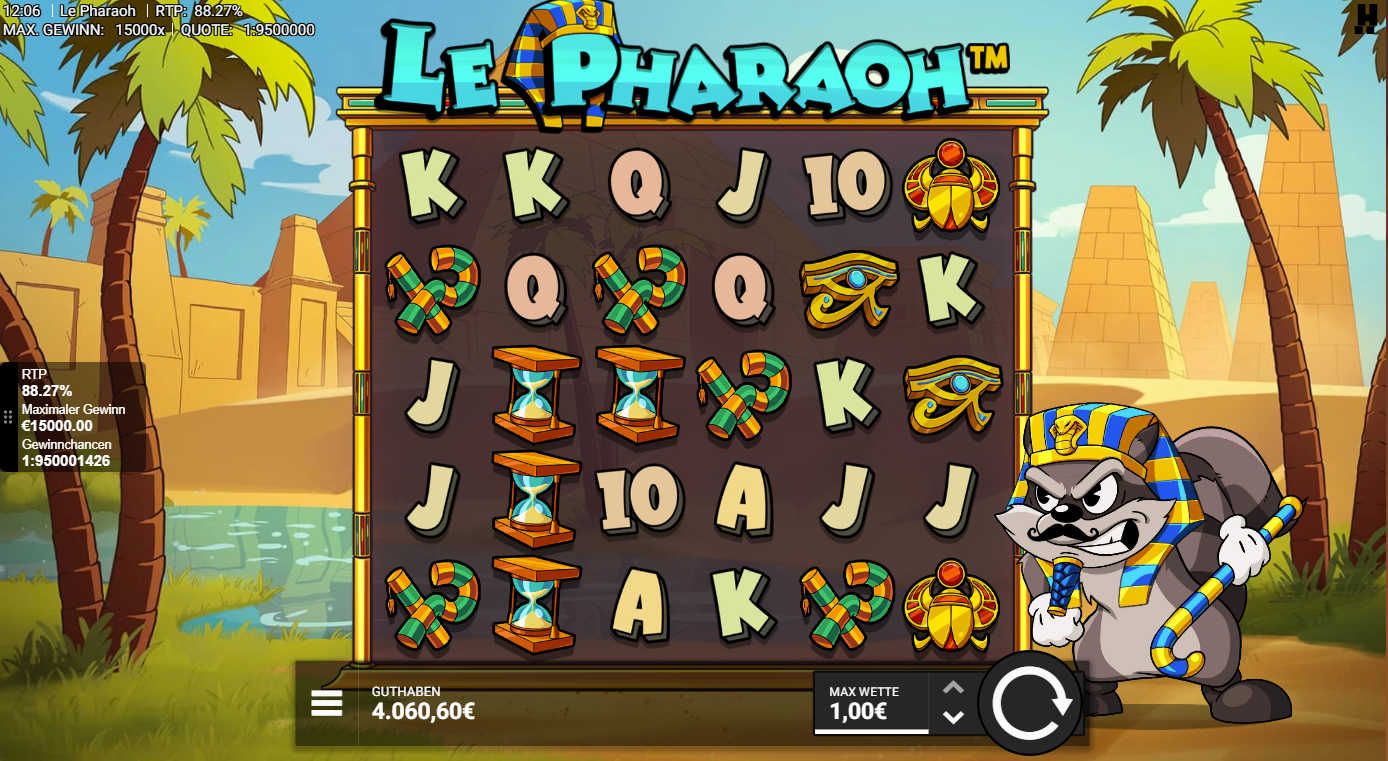 Le-Pharaoh-Slot mit Skarab&auml;us, Auge des Horus, Ankh, Sanduhr und A‑K‑Q‑J‑10.