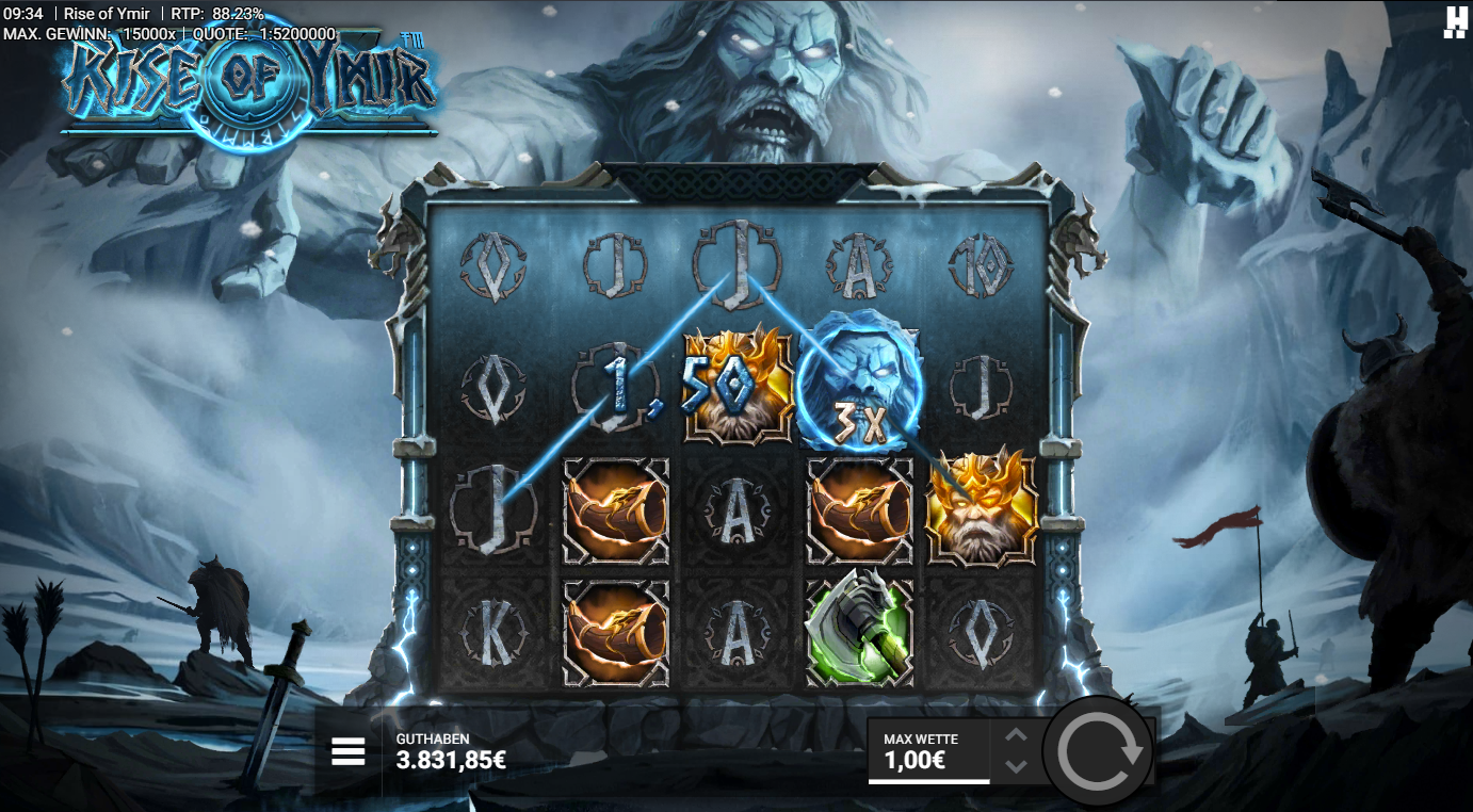 Rise-of-Ymir-Slot mit 3x‑Wild, Gewinnlinie, betontem K&ouml;nigssymbol und Runenzeichen.