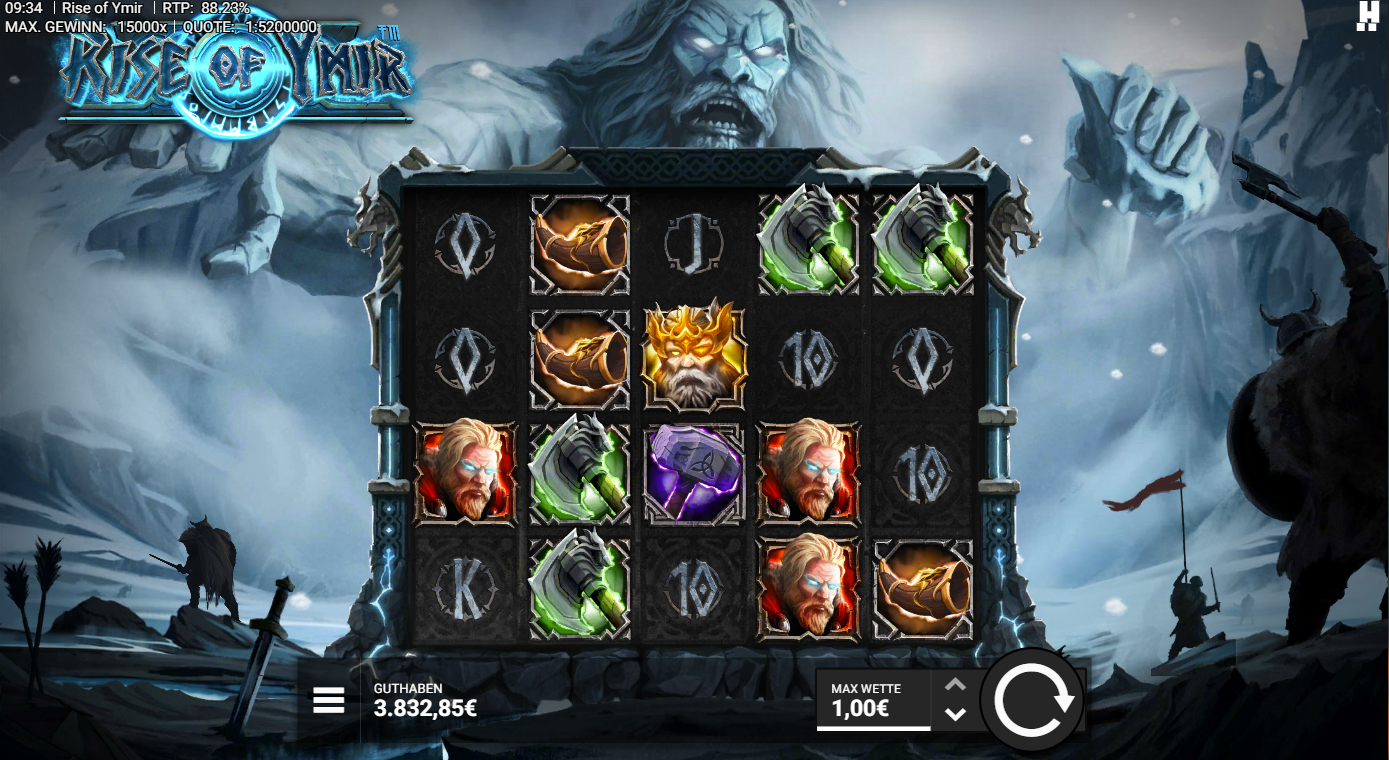 Rise-of-Ymir-Slot mit H&ouml;rnern, Hammer, Kriegerportr&auml;ts und A‑K‑Q‑J‑10‑Symbolen.