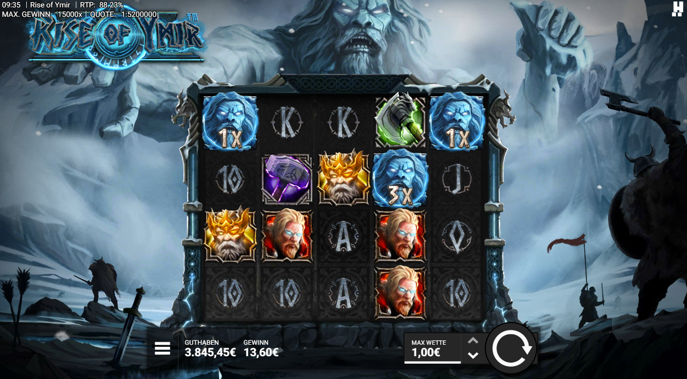 Rise-of-Ymir-Slot mit Ymir‑Wilds, Multiplikatoren, Hammer, Kriegern und A‑K‑10.