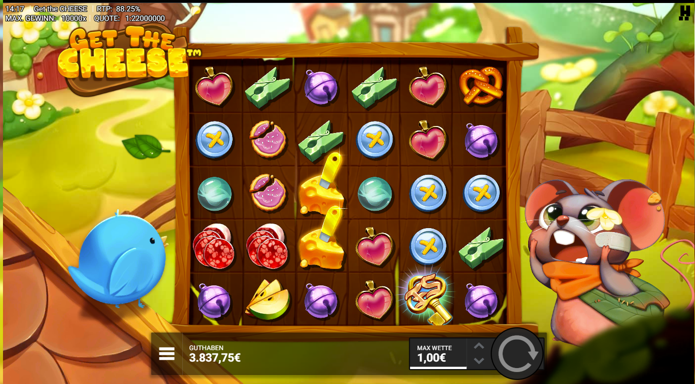 Get-the-CHEESE-Slot mit Schl&uuml;ssel‑Bonus, K&auml;se‑Wilds, Salami, Herz, Glocken und Fr&uuml;chten.