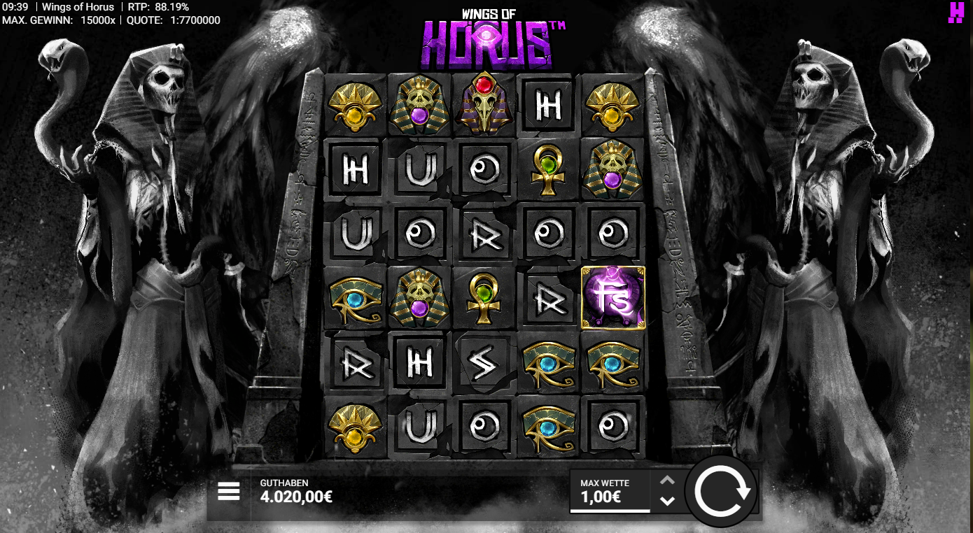 Wings-of-Horus-Slot mit FS‑Symbol, Horusauge, Ankh, Mumienmaske und Runen.