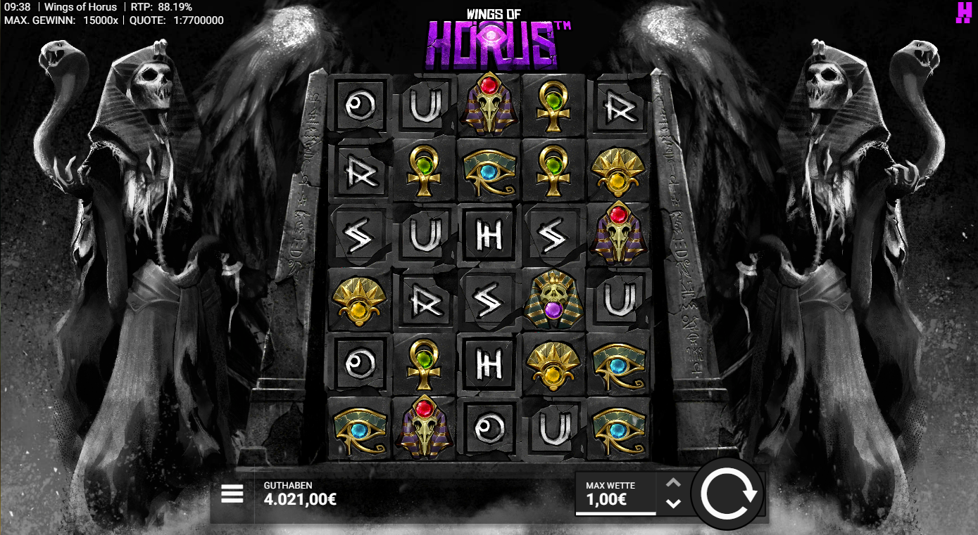 Wings-of-Horus-Slot mit Ankh, Horusauge, Mumienmaske, Runen und dunklem Tempel.