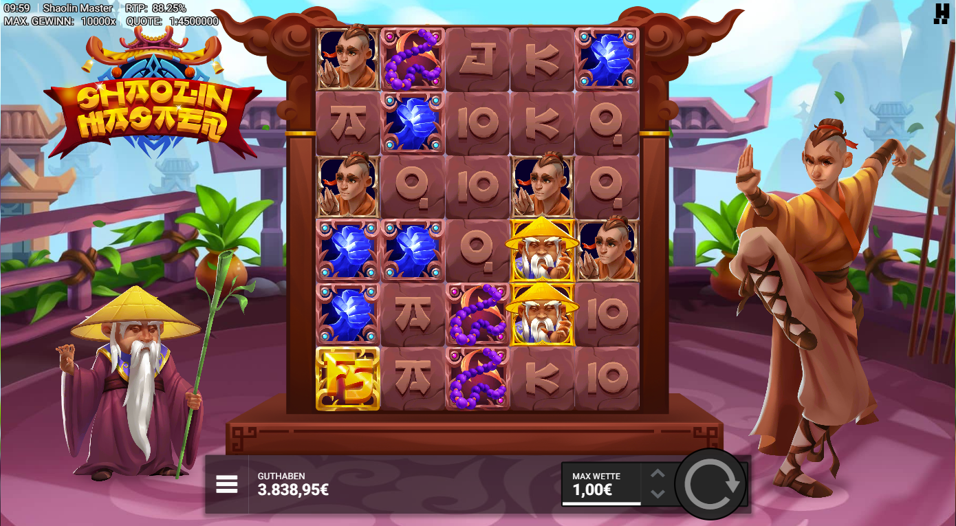 Shaloin-Masters-Slot mit goldenem Wild‑Symbol, M&ouml;nchen, Drachen und A‑K‑Q‑J‑10.