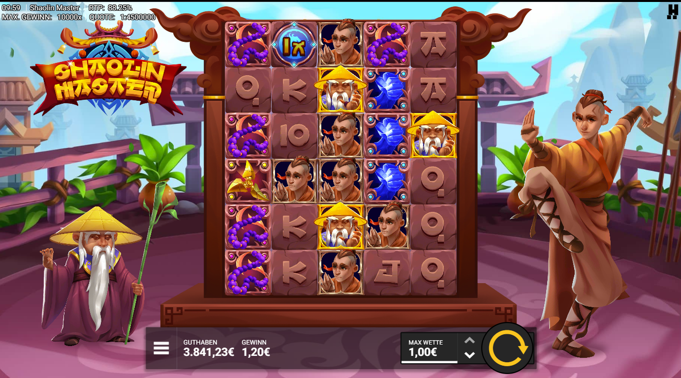 Shaolin-Masters-Slot mit 1x‑Multiplikator, M&ouml;nchen, Drachen, Sternsymbol und A‑K‑Q‑J‑10.