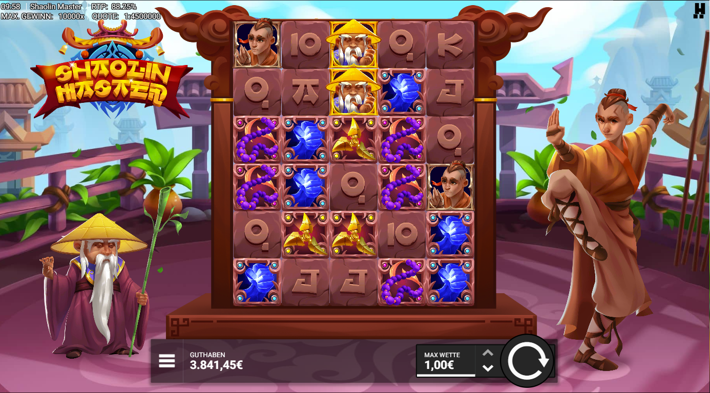 Shaolin-Masters-Slot mit M&ouml;nch‑Portr&auml;ts, Drachen, Stern‑Symbolen und A‑K‑Q‑J‑10.