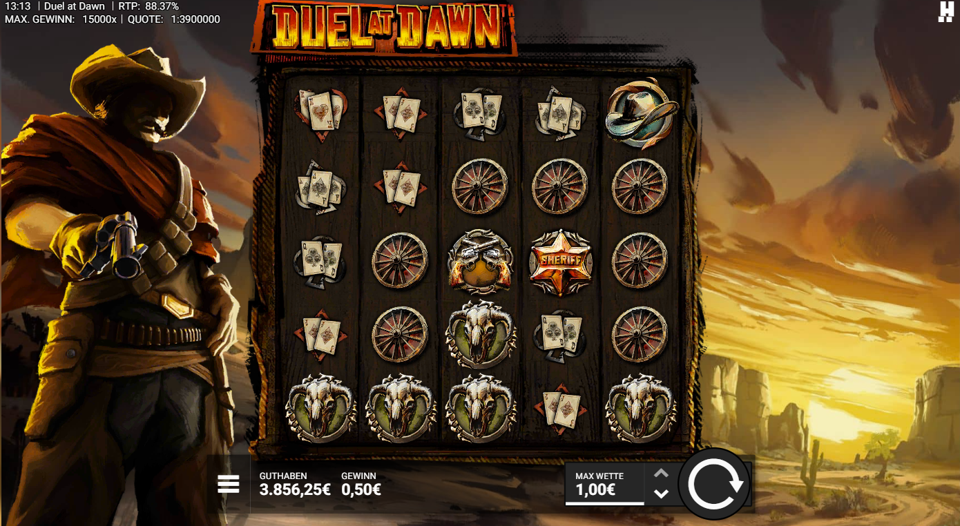 Duel-at-Dawn-Slot mit Karten, Wagenr&auml;dern, Sheriff‑Stern, M&uuml;nzen und B&uuml;ffel‑Sch&auml;deln.
