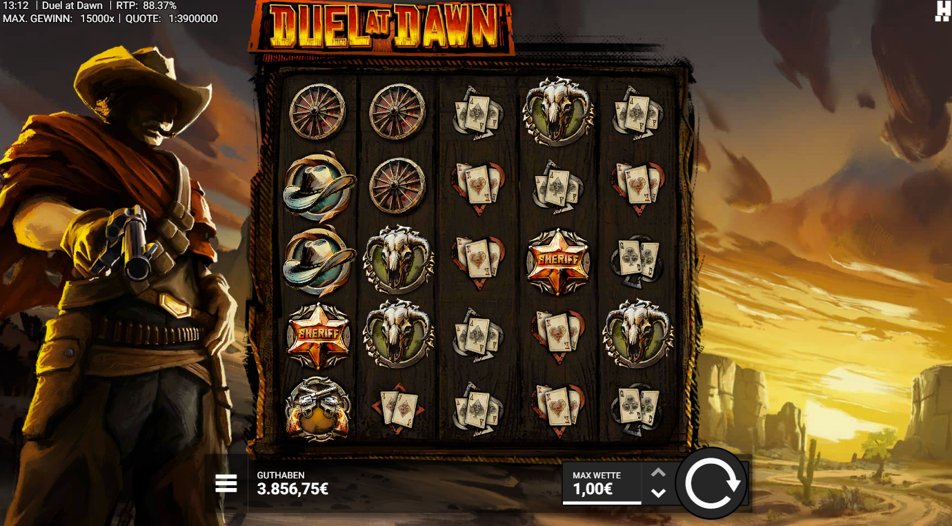 Duel-at-Dawn-Slot mit Sheriff‑Stern, Revolver, Wagenrad, Karten und Rinder‑Sch&auml;del.