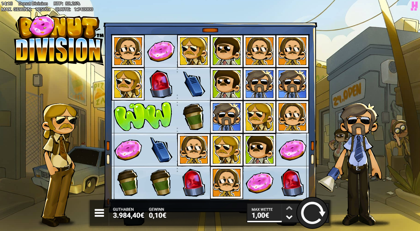 Donut-Division-Slot mit WILD‑Schleim, Donuts, Sirenen, Funkger&auml;ten und Kaffeebechern.
