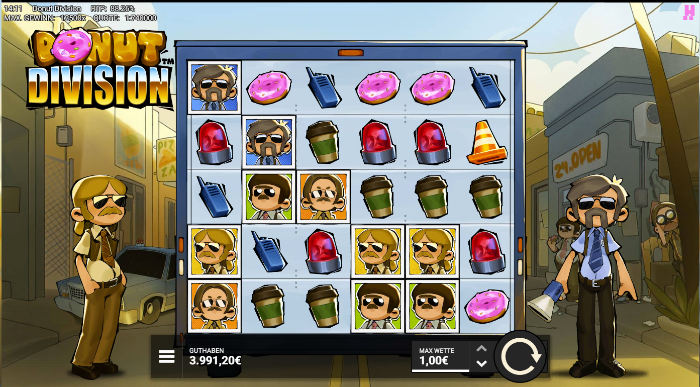 Donut-Division-Slot mit Donuts, Funkger&auml;ten, Sirenen, Kaffeebechern, H&uuml;tchen und Portr&auml;ts.