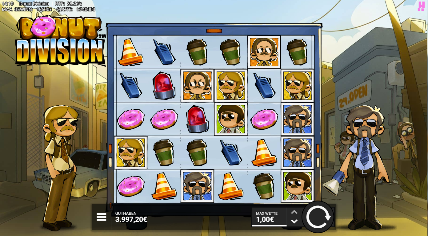 Donut-Division-Slot mit Donuts, Funkger&auml;ten, Kaffeebechern, H&uuml;tchen und Portr&auml;ts.