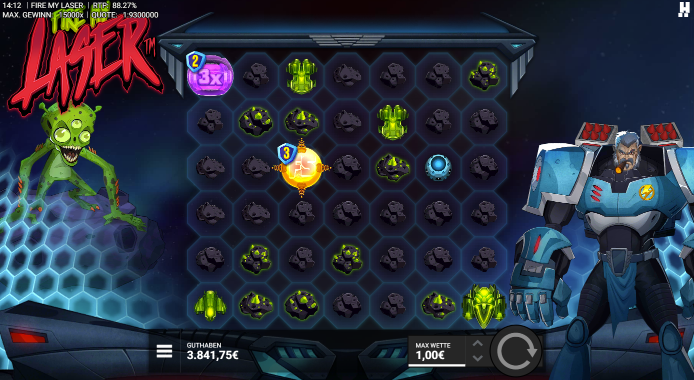 Fire-my-Laser-Slot mit 3x‑Multiplikator, FS‑Orb, Raumschiffen und Asteroiden.