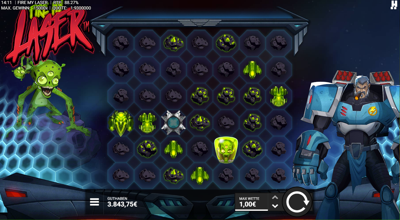 Fire-my-Laser-Slot mit Alien‑Symbol, Raumschiffen, Minen, Asteroiden und WILD‑Modul.