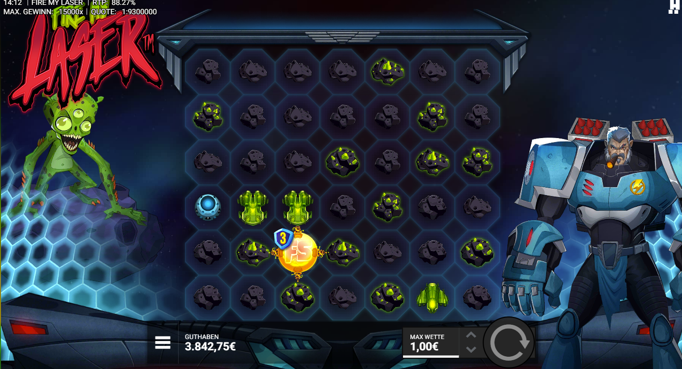 Fire-my-Laser-Slot mit Asteroiden, Alien, Mech‑Soldat, Raumschiffen und FS‑Orb.