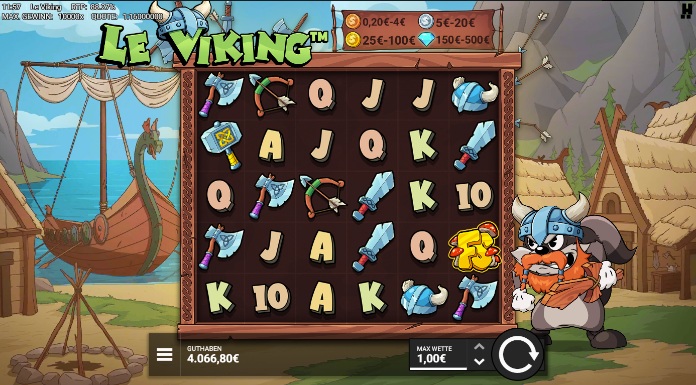 Le-Viking-Slot mit Wild‑Pilzsymbol, &Auml;xten, Schwertern, Helm und A‑K‑Q‑J‑10.