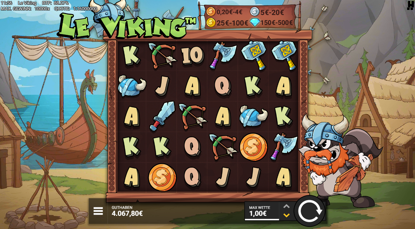 Le-Viking-Slot mit Wild‑M&uuml;nze, Helm, Axt, Bogen, Schwert und A‑K‑Q‑J‑10.