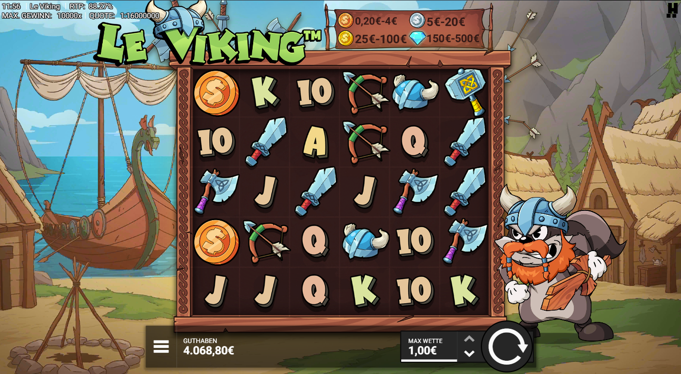 Le-Viking-Slot mit Helmen, &Auml;xten, Schwertern, B&ouml;gen, M&uuml;nzen und A‑K‑Q‑J‑10.