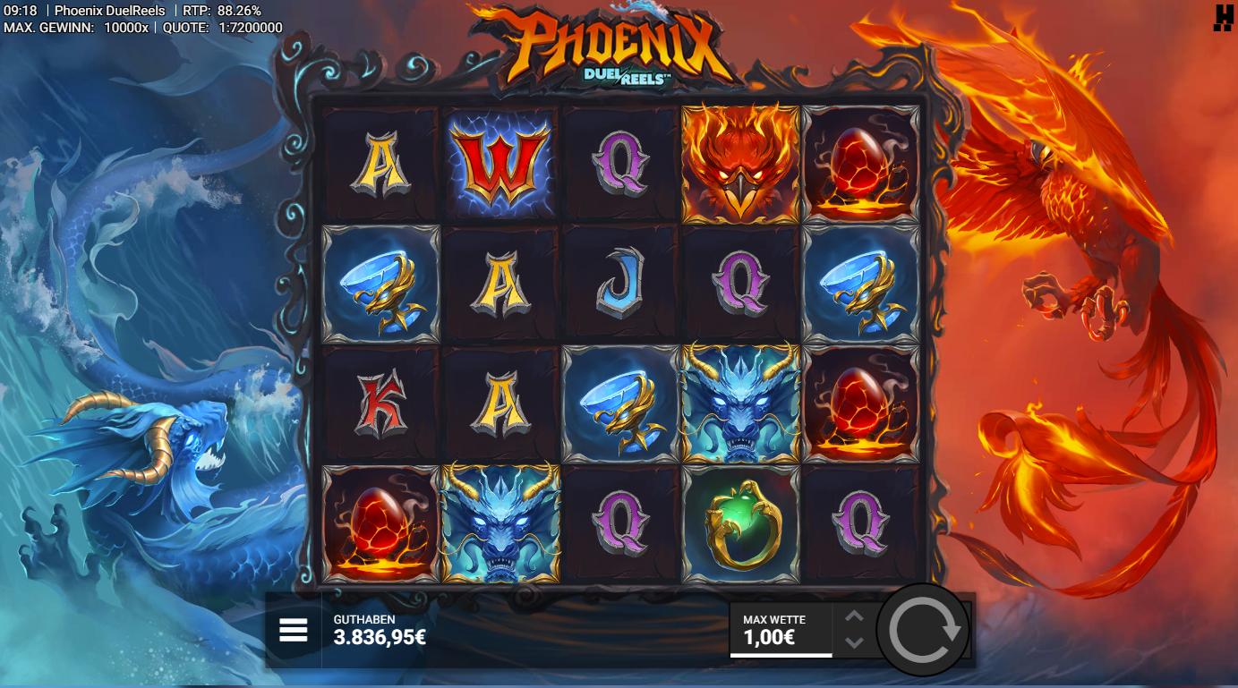 Phoenix-DuelReels-Slot mit WILD‑Wappen, Phoenix, Eiern, Ringen und A‑K‑Q‑J‑10.