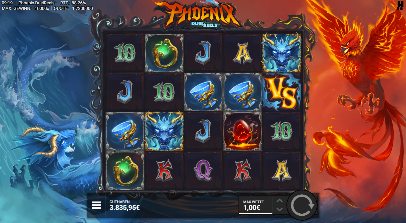 Phoenix-DuelReels-Slot mit VS‑Symbol, Drachenkopf, Phoenix‑Ei und A‑K‑Q‑J‑10.