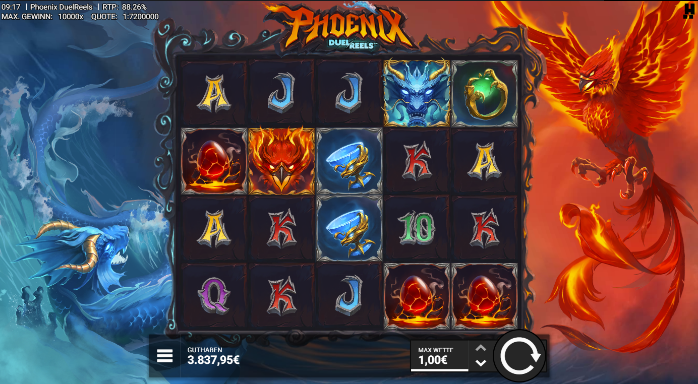 Phoenix-DuelReels-Slot mit Feuer‑ und Eis‑Ph&ouml;nix, Eiern, Ringen und A‑K‑Q‑J‑10.