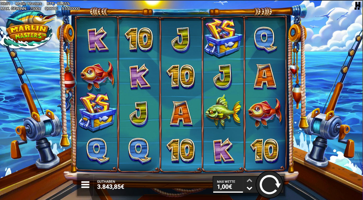 Marlin-Masters-Slot mit FS‑Truhen, bunten Fischen und A‑K‑Q‑J‑10‑Symbolen.