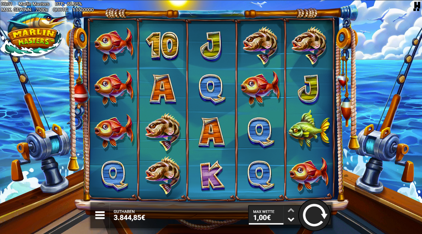 Marlin-Masters-Slot mit bunten Fischen, Holz‑A‑Symbol, Q‑J‑10 und Meereskulisse.