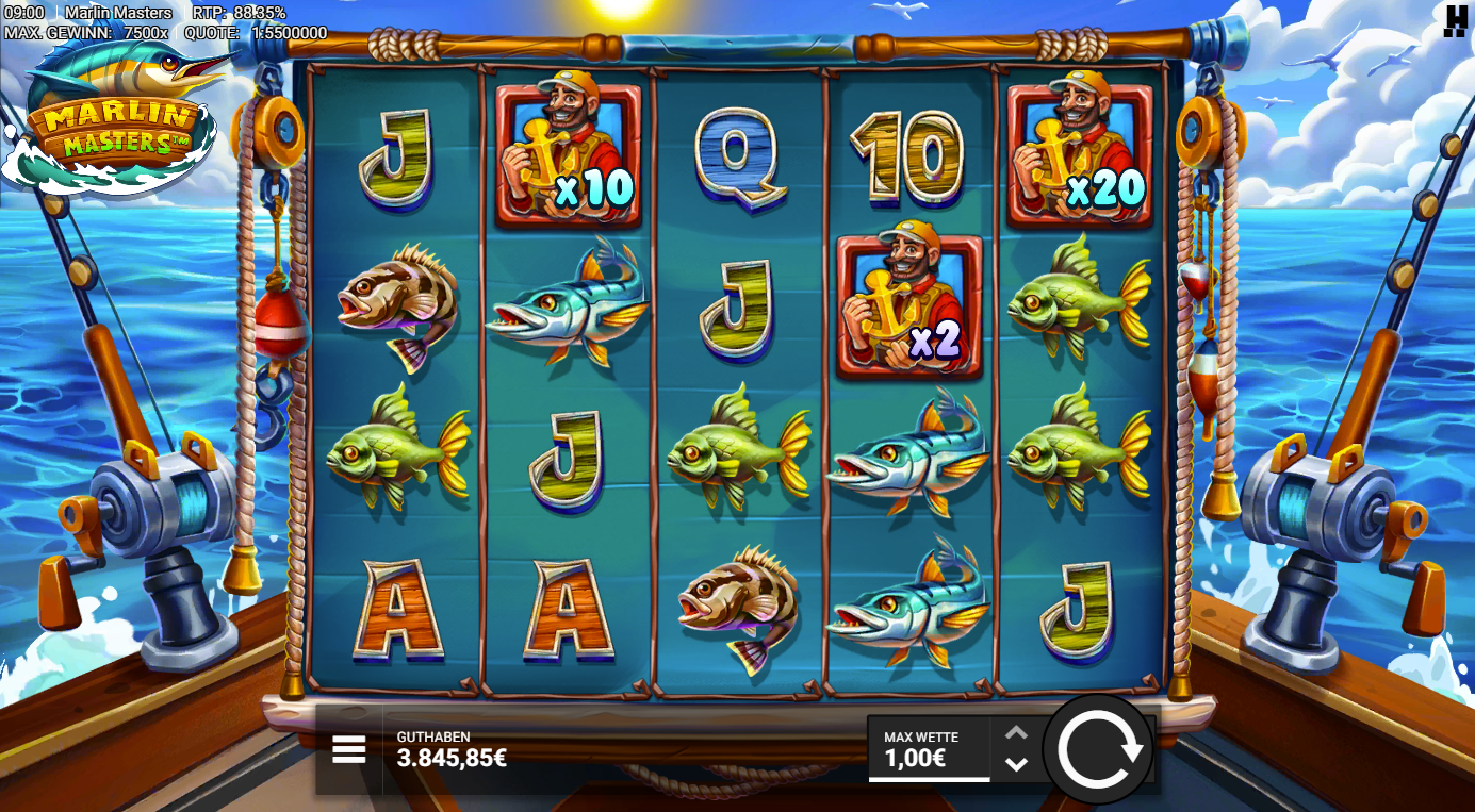 Marlin-Masters-Slot mit Anglern, Fischsymbolen, Multiplikatoren und A‑K‑Q‑J‑10.