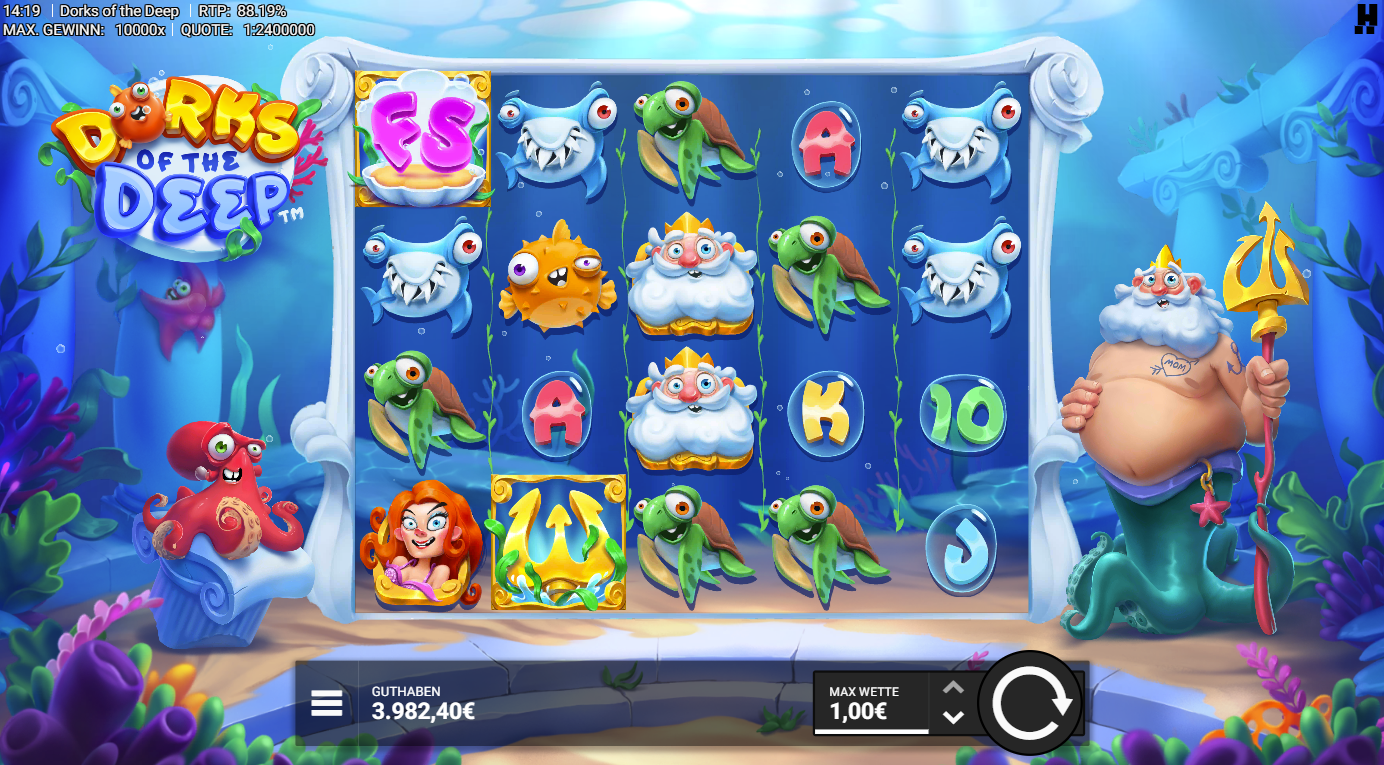 Dorks-of-the-Deep-Slot mit FS‑Symbol, Dreizack‑Wild, Schildkr&ouml;ten, Hai und Poseidon.