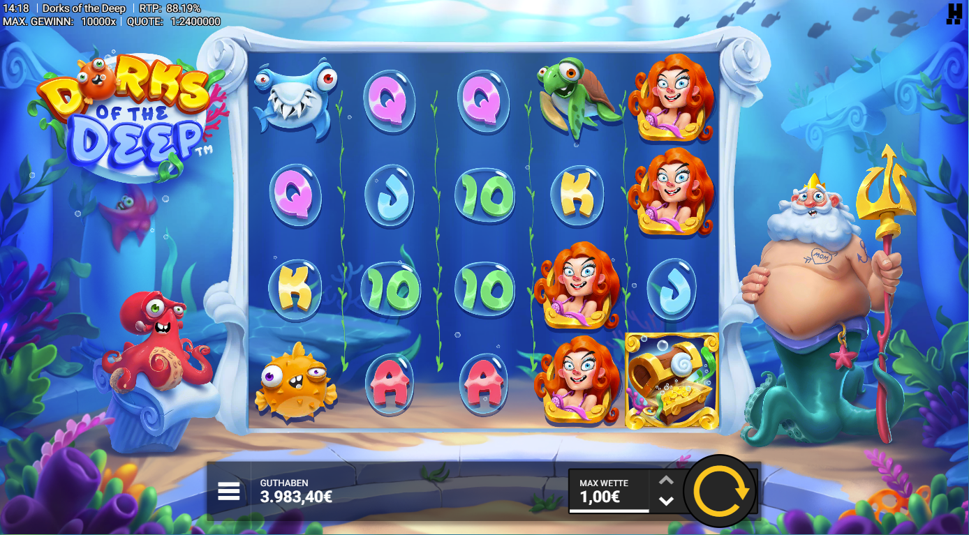 Dorks-of-the-Deep-Slot  mit Schatz‑Scatter, Meerjungfrau, Schildkr&ouml;te, Hai und Buchstaben.