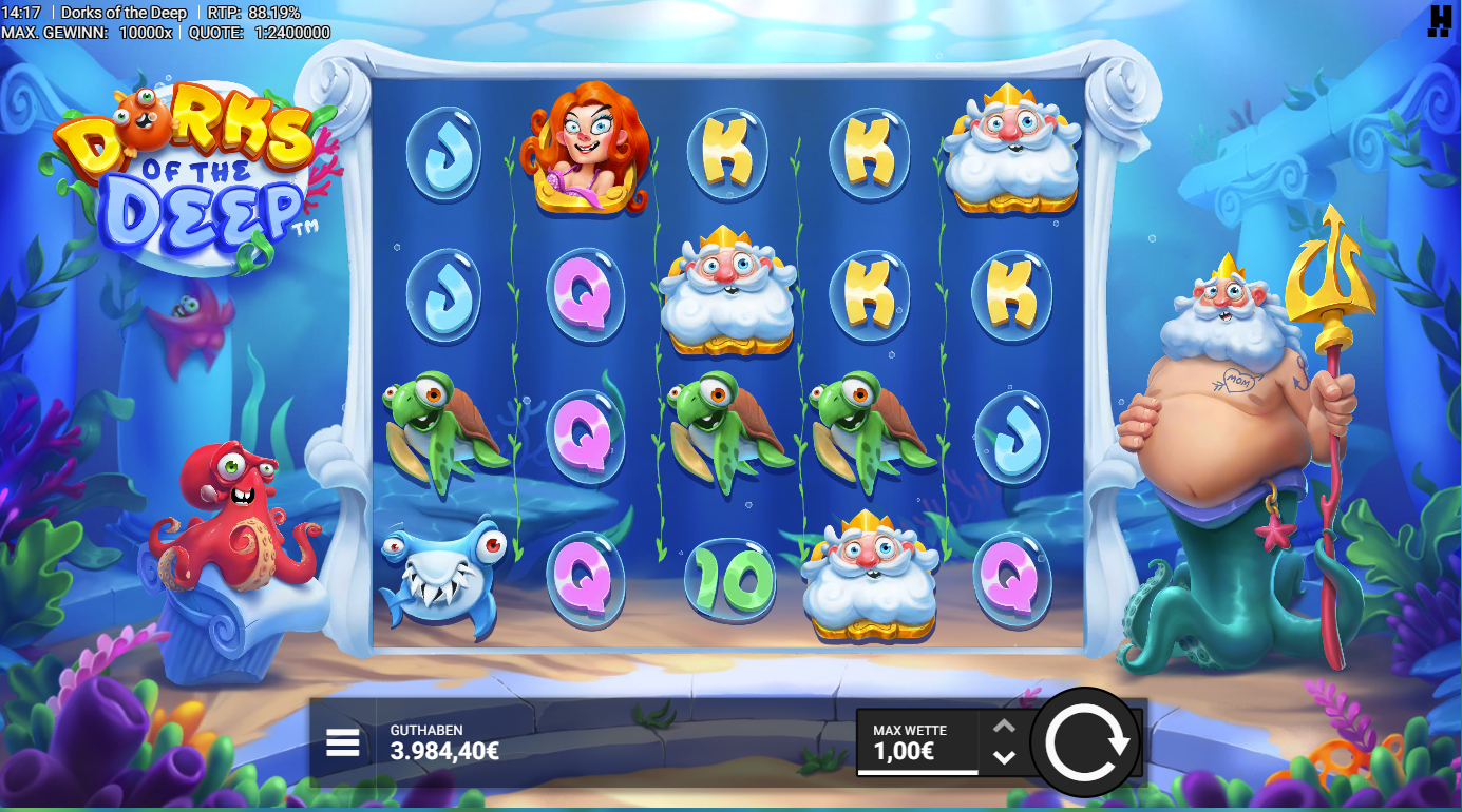 Dorks-of-the-Deep-Slot mit Poseidon‑Wild, Meerjungfrau, Schildkr&ouml;te, Hai und A‑K‑Q‑J‑10.