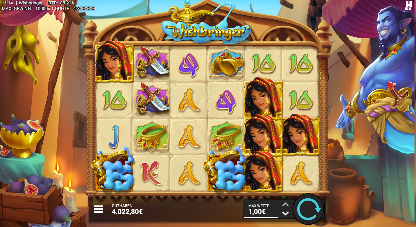 Wishbringer-Slot mit Jasmin‑Stacks, FS‑Symbol, Lampe, Dolch und A‑K‑Q‑J‑10.