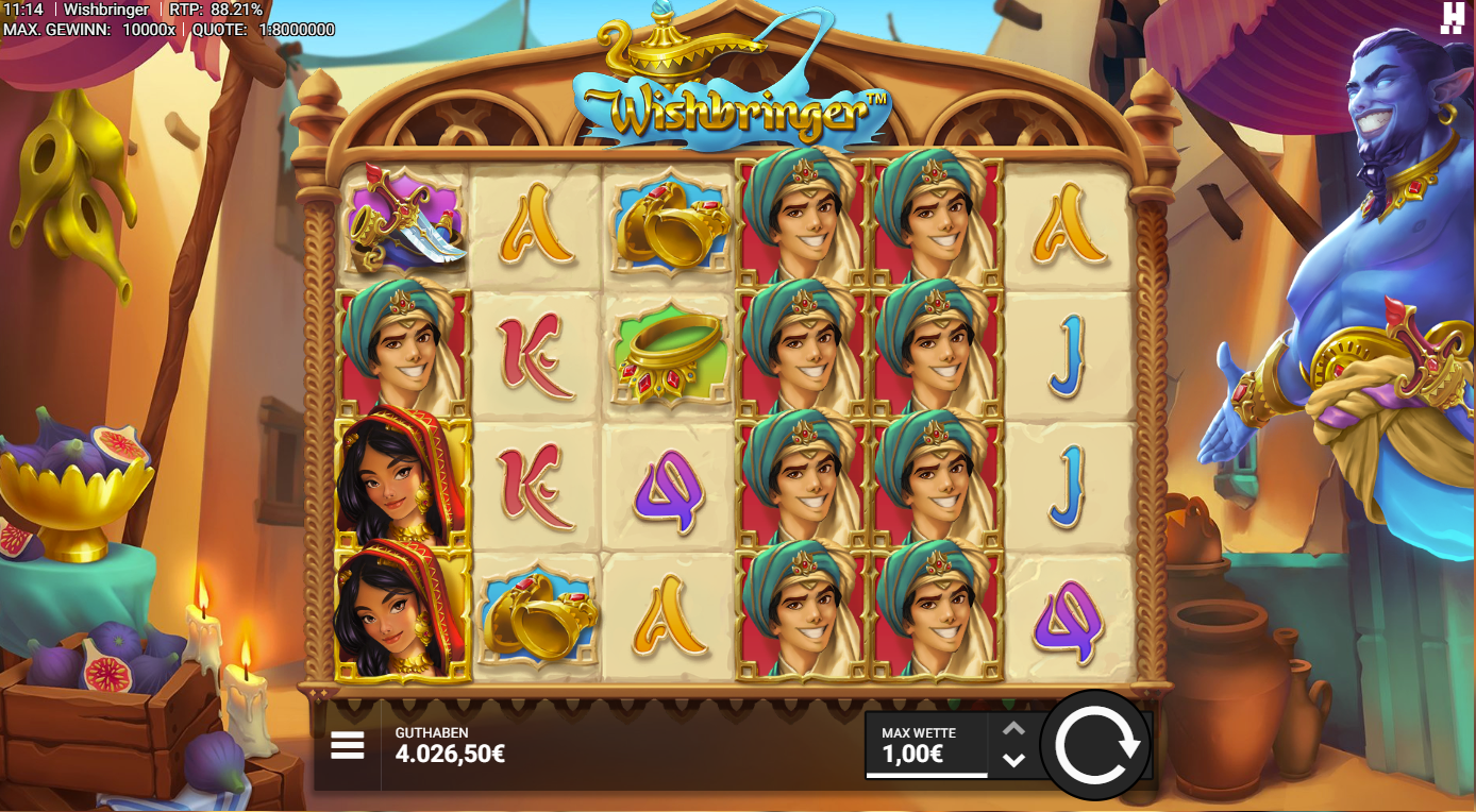 Wishbringer-Slot mit Aladin‑Stacks, Jasmin, Lampe, Dolch und A‑K‑Q‑J‑Symbolen.