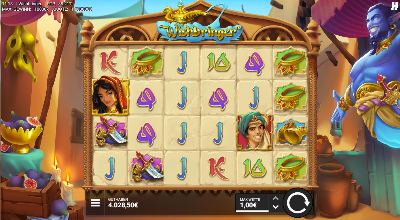 Wishbringer-Slot mit Dschinn, Lampe, Aladin‑ und Jasmin‑Portr&auml;ts, Dolch und Symbolen.