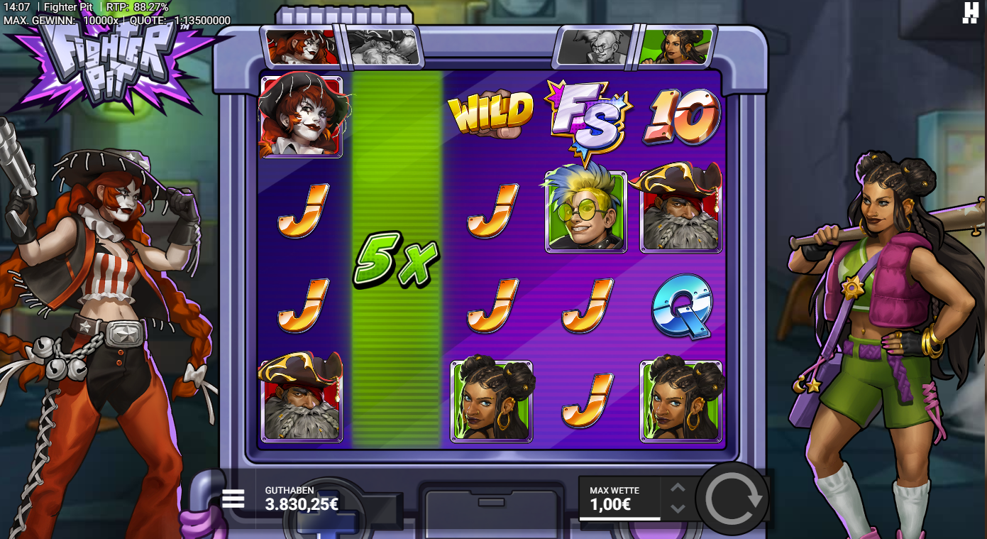 Fighter-Pit-Slot mit WILD, FS‑Symbol, 5x‑Multiplikator, Portr&auml;ts und A‑K‑Q‑J‑10.