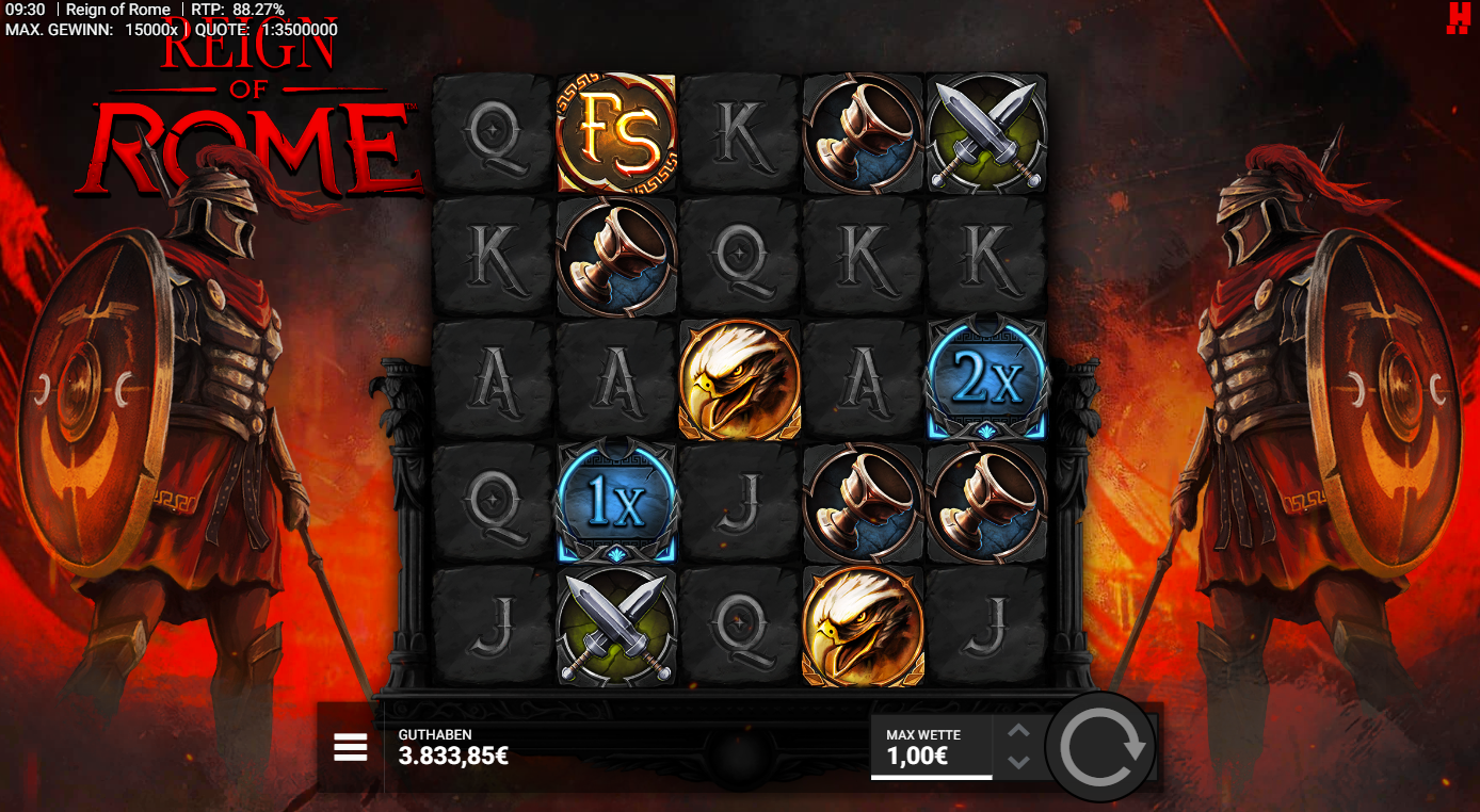 Reign-of-Rome-Slot mit FS‑Symbol, 2x‑Multiplikator, Adler, Schwertern und A‑K‑Q‑J.