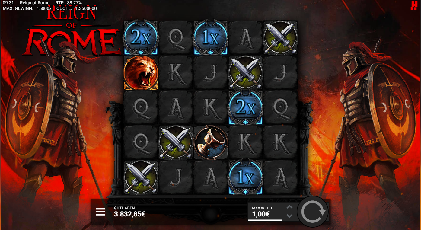 Reign-of-Rome-Slot mit 2x‑/1x‑Multiplikatoren, Schwertern, L&ouml;we und A‑K‑Q‑J‑Symbolen.