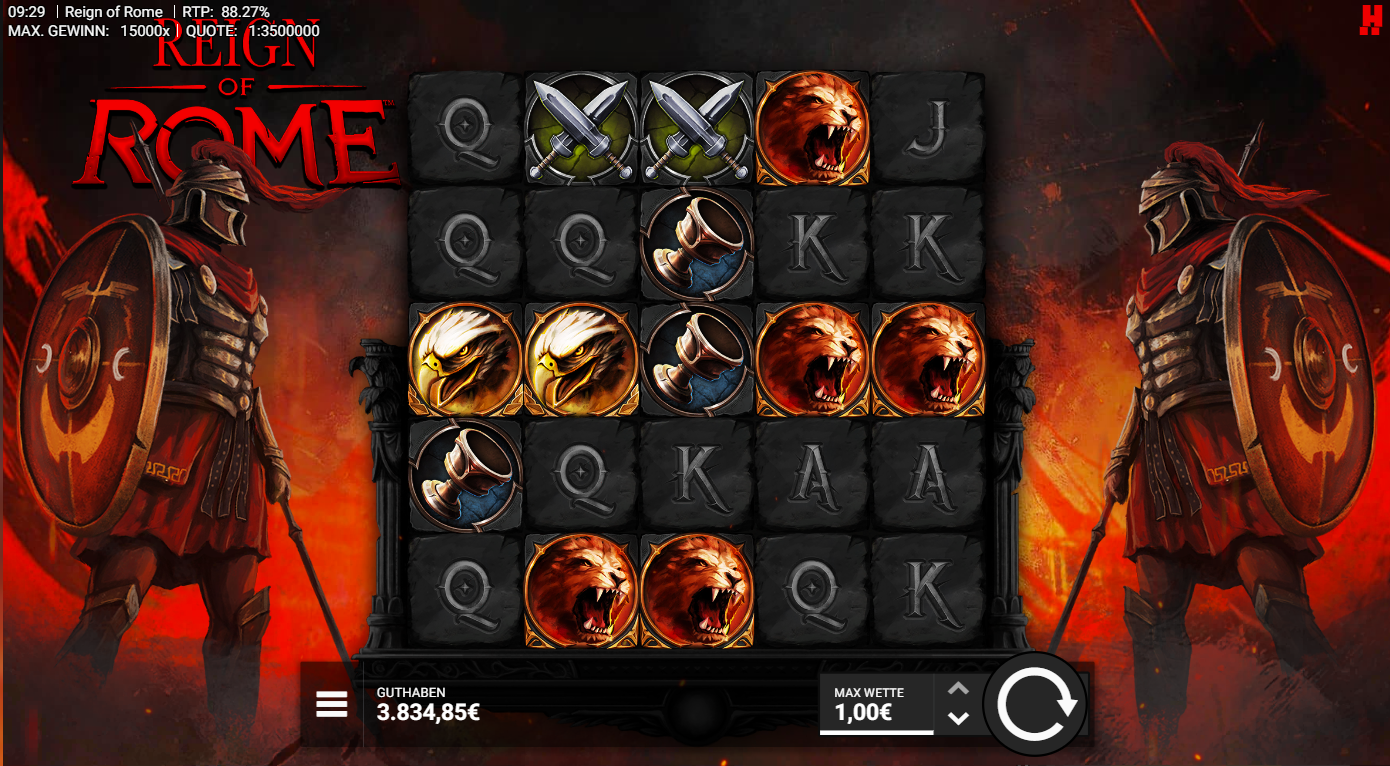 Reign-of-Rome-Slot mit L&ouml;wen, Adler, Schwertern, Kelchen und A‑K‑Q‑J‑Symbolen.