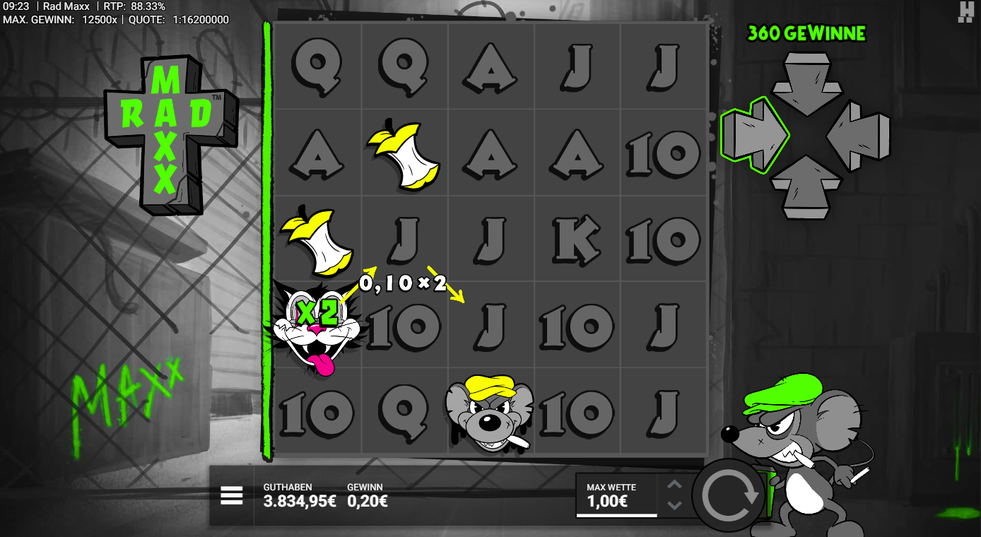 Rad-Maxx-Slot mit x2‑Multiplikator‑Katze, Bananen, grauen Buchstaben und Gewinnanzeige.
