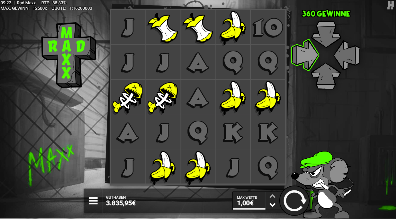 Rad-Maxx-Slot mit Bananen, Fischgr&auml;ten, grauen Buchstaben und gelben Symbolen.