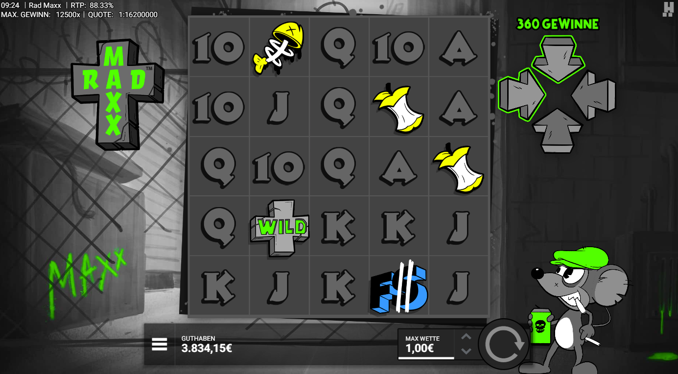 Rad-Maxx-Slot mit WILD‑Kreuz, Fischgr&auml;ten, Apfelresten, grauen Buchstaben und Mausfigur.