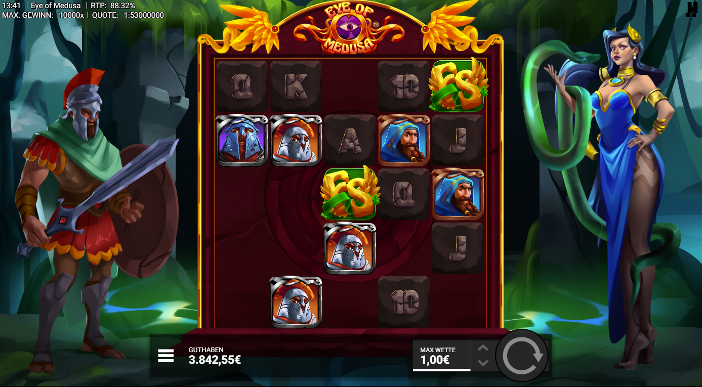 Eye-of-Medusa-Slot mit FS‑Symbolen, Kriegerhelmen, Portr&auml;ts und A‑K‑Q‑J‑10.